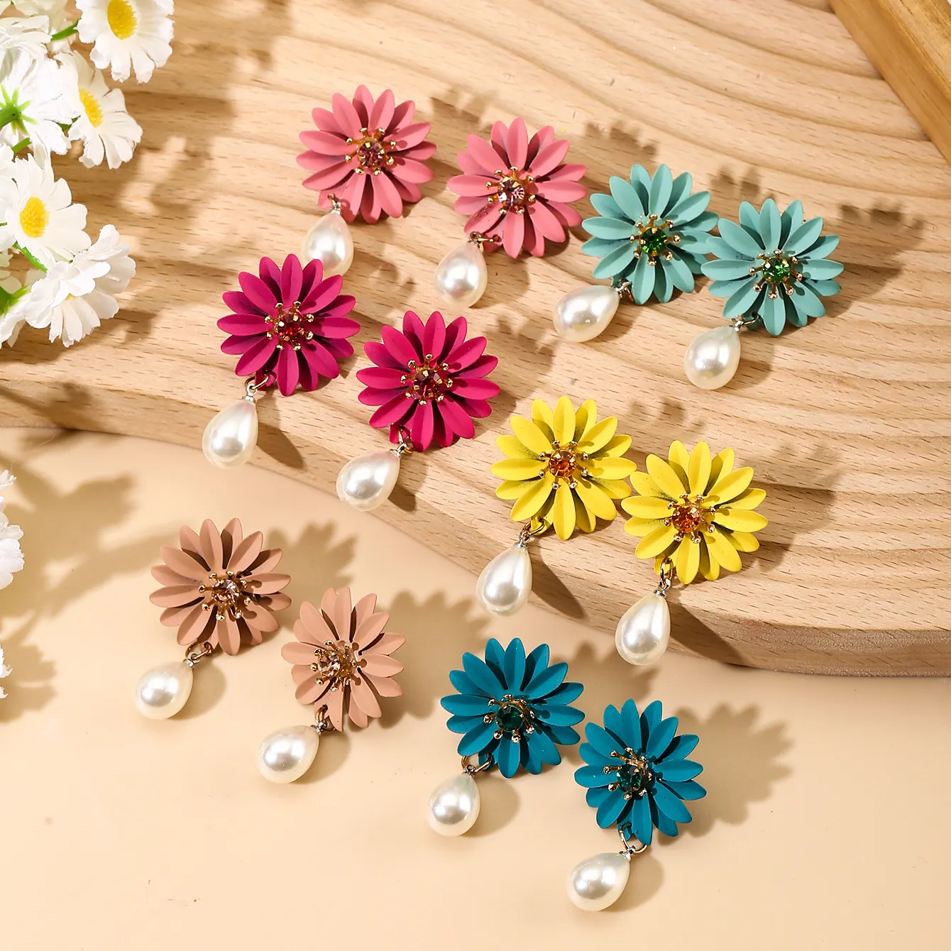 Queming Fashion Painted Flower Earrings Drop Shape Imitation Pearl Simple Cute Versatile Earrings