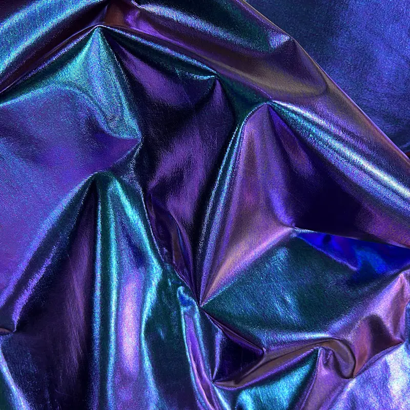 Yumuşak yanılsamalar bukalemun örme kumaş gökkuşağı parlak Neon folyo baskı Polyester Spandex için holografik kumaş kostüm