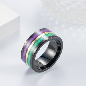 Unisex <b>Titanium</b> Steel <b>Ring</b> Green Purple Rainbow Inlay Geometric Design Everyday Wear - Product Image 4