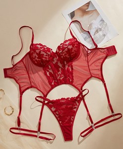 Ensemble de lingerie sexy en dentelle rouge brodée 3D, soutien-gorge et <span class=keywords><strong>culotte</strong></span> en polyester/<span class=keywords><strong>nylon</strong></span> fin, vente en gros, collection 2026 à succès pour femmes - Product Image 2