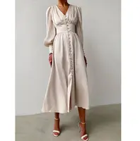 Fabrika özel saten bornoz ipek düğün parti seti kadın düğme Up v yaka uzun kollu zarif Maxi elbiseler