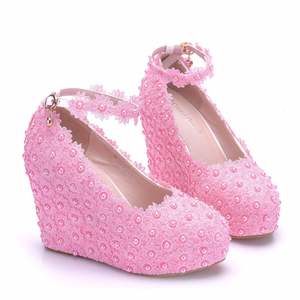 Femmes été pleine dentelle talon plate-forme sandales compensées cheville boucle sangle bout fermé pompes chaussures - Product Image 5