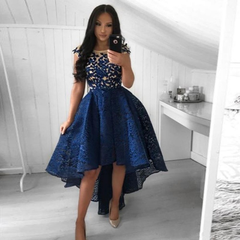 Blue Lace High Low Prom Dress with Sheer Capped Sleeves - Stylish Puff Sleeve Short Dress for Girls' Party Wear Blue Lace High Low Prom Dress with Sheer Capped Sleeves - Stylish Puff Sleeve Short Dress for Girls' Party Wear
