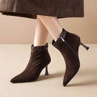 Bottines à talons hauts à bout pointu pour femmes, avec garniture tressée, en daim, coupe ajustée, élégantes, pour soirée