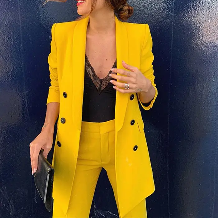 Ofis bayanlar çalışma suit özel made blazer kadın sarı göğüslü bayanlar takım elbise 2020