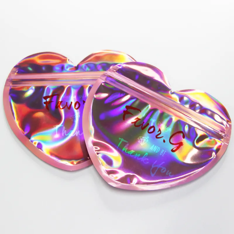 Zip ile yaratıcı tatlı lazer holografik paket ambalaj şeffaf özel Logo kalp şekli düzensiz hediye keseleri