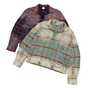 Camicie da uomo a maniche lunghe in flanella a quadri, con strass e perline cucite a mano, lavaggio vintage effetto invecchiato, vestibilità oversize - Collezione di fabbrica - Product Image 2