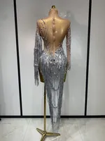 Robe transparente en maille à franges et strass scintillants pour femme, tenue de soirée sexy et luxueuse pour anniversaire, danse ou séance photo