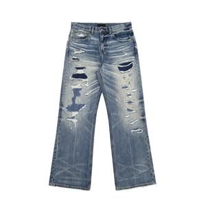 Jeans de hombre al por mayor con logo personalizado, lavado desgastado, corte recto holgado, denim desgastado, cintura media, pantalones azules - Product Image 1