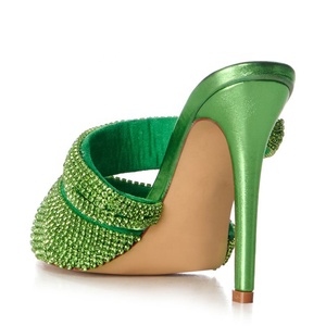 Sandalias de Tacón Alto con Punta en Pico y Diamantes Verdes para Mujer, Zapatos de Vestir, Tacones Finos, Estilo Mules - Product Image 3