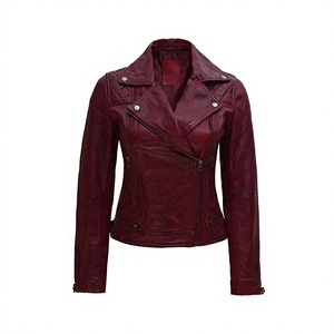 Blouson moto femme en similicuir bordeaux, coupe ajustée, style motard, col montant, fermeture éclair, court, manteau d'hiver - Product Image 1