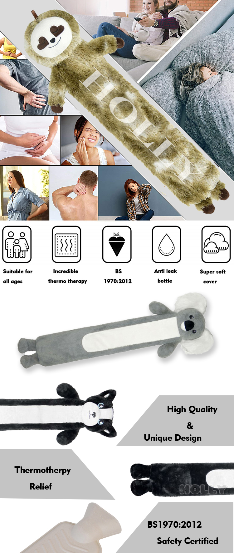 cute hot water bottle plush toy cover and neck rubber long hot water bag for pain relief
