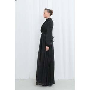 Robe de soirée longue plissée en satin noir pour femme Puane, avec manches lanternes, haut drapé, col montant, douce, respirante et élégante, style Abaya - Product Image 2