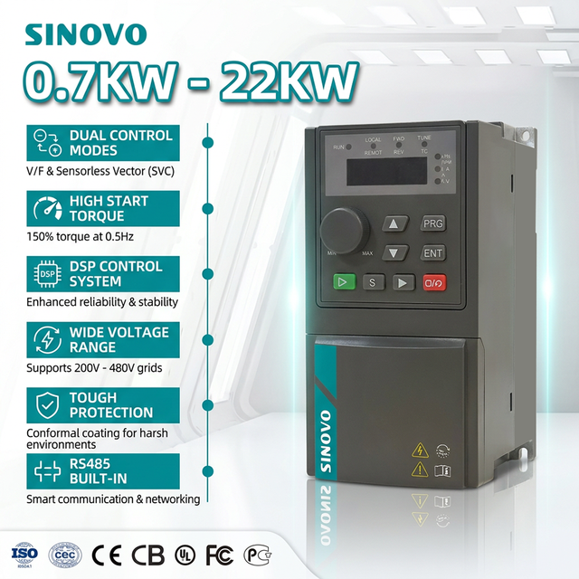 SINOVO Mini VFD 0.75kW-22kW Variable Frequency Drive with 150% Starting Torque & Sensorless Vector Control