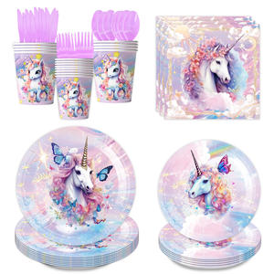 طقم أدوات مائدة ورقية للاستعمال مرة واحدة بتصميم يونيكورن وفراشة مخصص لحفلات استقبال المولود وأعياد ميلاد الأطفال، أطباق وأكواب ورقية - Product Image 5
