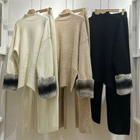 Ensemble pull et pantalon en tricot pour femme, pull oversize à col montant, pantalon ample à jambes larges avec revers en fourrure de lapin Rex, hiver
