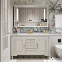 Ensemble de meubles de salle de bain en bois massif de style américain, lavabo en dalle de roche intégré sans joint, meuble de lavabo double à poser au sol