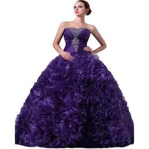 成人礼连衣裙甜美水晶欧根纱褶边紫色舞会礼服复古成人礼连衣裙