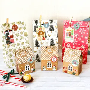 24 세트 크리스마스 하우스 선물 상자 크래프트 종이 쿠키 사탕 가방 눈송이 태그 출현 달력 가방 파티 용품