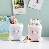 Porte-stylo rond en plastique bleu avec dessin de pingouin créatif, taille-crayon, rangement multifonctionnel pour bureau et école, fournitures de papeterie