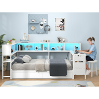 Lit d'angle plateforme double durable avec station de charge, éclairage LED, meuble de chambre simple/double, rangement et bibliothèque, lit de repos
