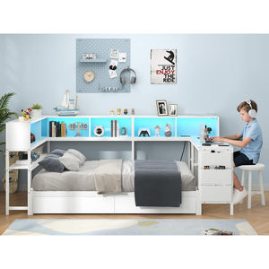 Plataforma de tamaño doble duradera, cama esquinera, escritorio, estación de carga, luz LED, muebles de dormitorio individuales y dobles, estantería de almacenamiento, cama de día - Product Image 3