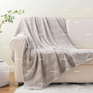 Bulk Factory Supply Neutral Beige Jacquard Striped Reversible Sherpa Blanket Embossed Popcorn <strong>Fleece</strong> Blanket for Home Decor - Product Image 3