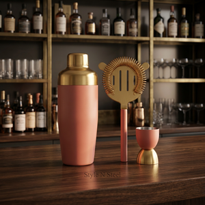 Ensemble de bar à 3 pièces avec shaker à cocktails, passoire et doseur double face en acier inoxydable moderne - Product Image 4