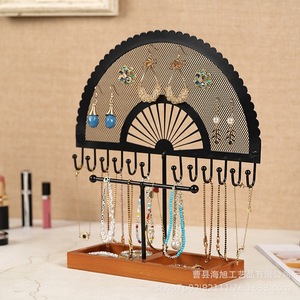 Jewelry Storage Rack With <b>Necklace</b> Display And Earring Holder Desktop Organizer For <b>Rings</b> Bracelets And <b>Necklaces</b> Wood Base - Product Image 2