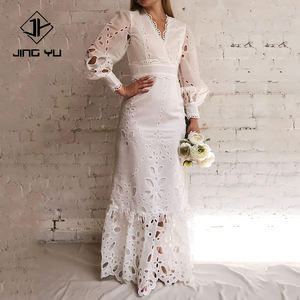 Factory design luxury V-neck long-sleeved openwork Maxi <b>Dress</b> custom-made 100% cotton embroidery <b>dress</b> - Product Image 1