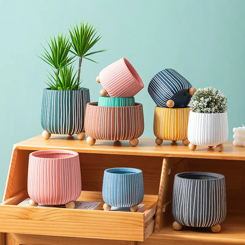 Nordic Colour ful Ceramic Flower pot Sukkulente Pflanz gefäße Keramik töpfe für Innen-und Außen pflanzen Kaktus blumentopf mit Holz sockel