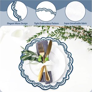 Reversible 14 \ "X 14 \" weiße/blaue Stoff-Tischs ets Baumwoll-Leinen mischung Easy Clean Wasch bare Esstisch matten Gestickte Jakobs muschel - Product Image 4