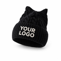 Bonnet d'hiver en tricot torsadé avec oreilles de chat, 9 couleurs, pour femme, logo personnalisé, bord côtelé, broderie, voyage, 100% acrylique, ajustable, vente en gros