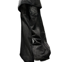 Jean large pour homme, style gothique toile d'araignée, effet vieilli, punk grunge, brodé, noir délavé, coupe baggy, en denim imperméable 100% coton