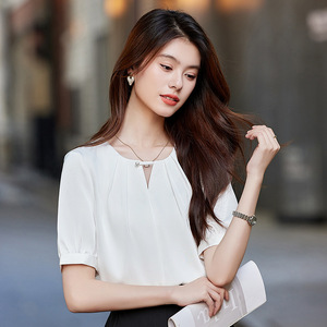 French Style 3D Rose Silk Blouse Women Summer Elegant Pearl Satin Top Office Wear Solid Color Short Sleeve Shirt - Product Image 3