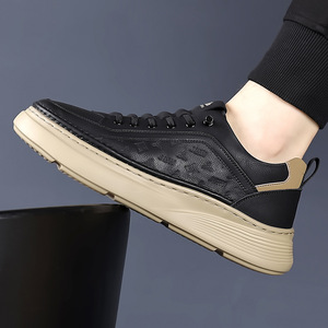 White Men's <b>Slip</b>-<b>On</b> <b>Sneakers</b> Genuine Leather Round Toe Platform Cushioned Spring Casual Shoes - Product Image 4