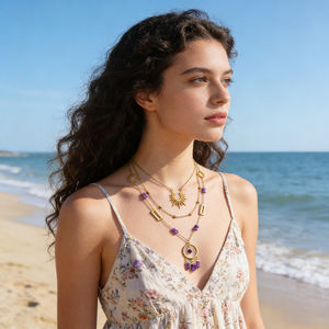 Collier de perles superposées en améthyste naturelle plaqué or, style bohème tendance pour femme, idéal pour le quotidien et les soirées estivales - Product Image 4