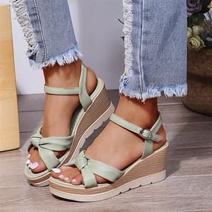 Wholesale Summer Women's High-Heeled New Cross-Border Straight Strap Thick Soled Height Increasing Wedge Sandals - Product Image 3