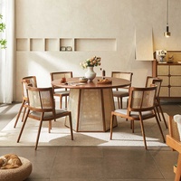 Ensemble de table à manger ronde en bois massif de style nordique avec plateau tournant en rotin en option pour hôtel, restaurant, usage professionnel