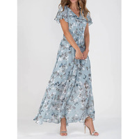 Robe longue tissée pour femme, col en V, volants, manches courtes, en mousseline de soie florale, coupe trapèze, taille haute, automne, non extensible, en soie