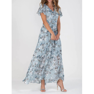Robe longue pour femme en mousseline de soie à col en V, manches courtes, à volants, motif floral, fournisseur de mode - Product Image 4