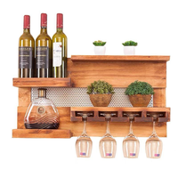 Vente d'usine : Étagère à vin murale couleur noyer, porte-bouteilles et verres en bambou et bois