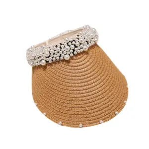 جديد 2020 حار بيع Raffia واسعة اللؤلؤ بريم قبعات من القش الصيف قبعات للحماية من الشمس للنساء مع الترفيه قبعات الشاطئ سيدة