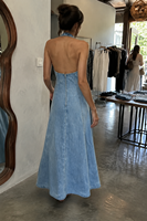 Robe longue en jean pour femme, col en V, dos nu, style licou, coupe trapèze, sans manches, ajustée, décontractée, pour l'été