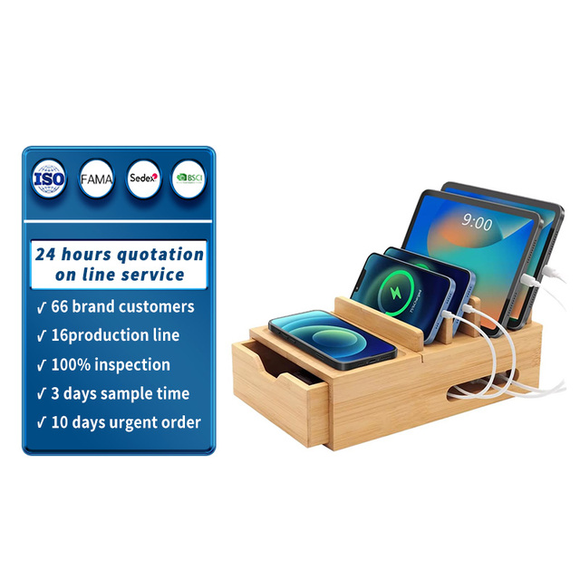 Bamboo Multi-Device Charging Station,Desktop Charging Organizer With Drawer, Wooden Docking Station for Phone Cable Storage