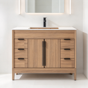 Mueble de Baño Nórdico de Madera Maciza con Lavabo, Cajones de Almacenamiento y Estante Abierto, Muebles al por Mayor para Hoteles - Product Image 1