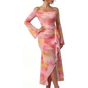 เดรสแม็กซี่ผ้ามัดย้อมเปิดไหล่สำหรับผู้หญิง - ชุดราตรีแขนยาวเข้ารูปแฟชั่น - Product Image 4