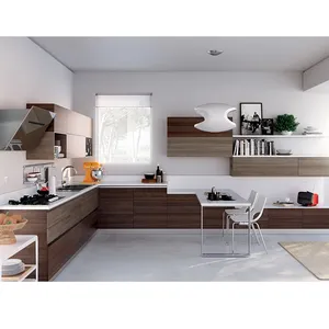 Moderno Apartamento Melamina Cozinha Armário com Quartzo Bancada MDF Tratado-Lacquer Porta Painel Total Project Solution