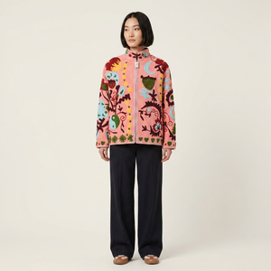 Women's Pink Hand Embroidered Floral Pattern Velvet <b>Mandarin</b> <b>Collar</b> Varsity <b>Jacket</b> Breathable Autumn Outerwear 100% Cotton - Product Image 2
