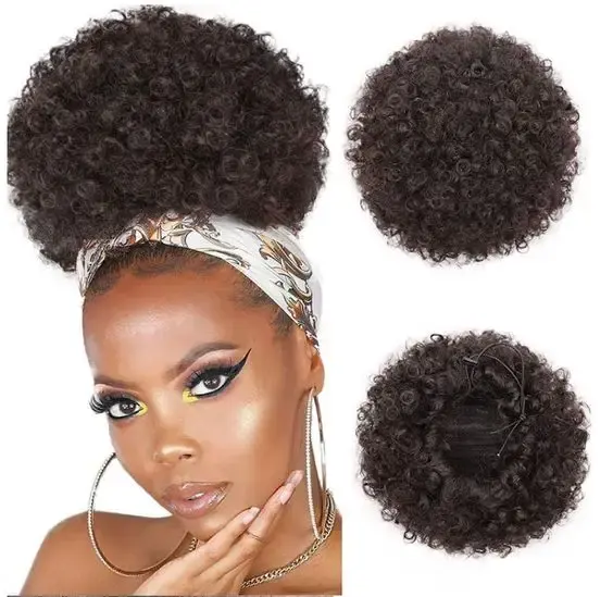 Afro Puff Drawstring Ponytail Synthetic Short Afro Kinky Curly Afro Bun Extension Hairpieces Updo Hair Extensions with Two Clip